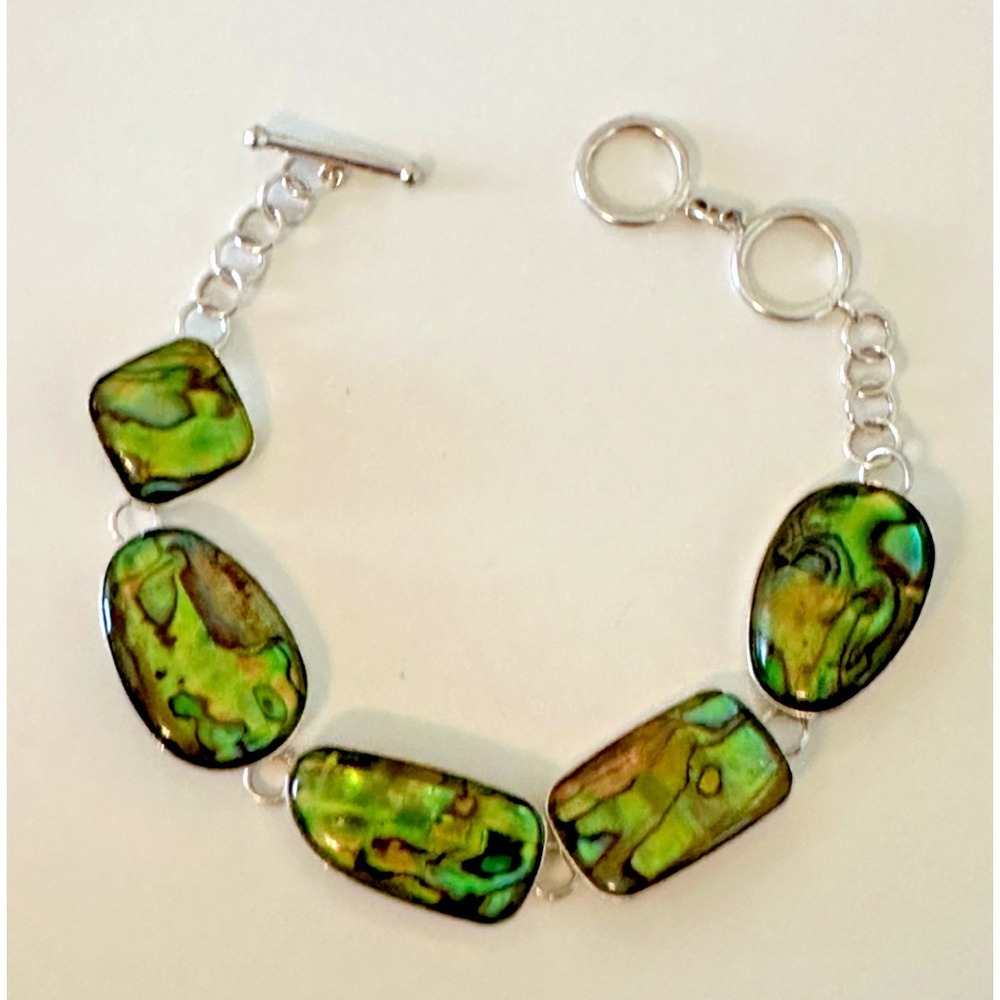 Abalone Shell Bracelet Links Silver Tone Toggle 7-8 in Adjustable Stunning